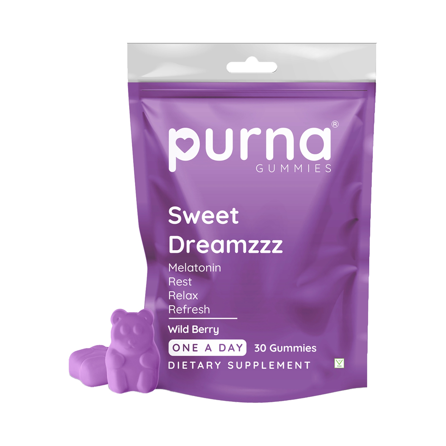 Purna Gummies | Purna Gummies Melatonin Gummies For Sleep Well & Reduced Stress - Wild Berry Flavour (30 Pcs)