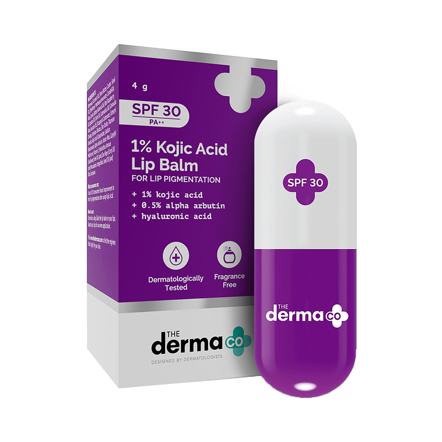 The Derma Co | The Derma Co. 1% Kojic Acid Lip Balm SPF 30 PA++ With Alpha Arbutin & Hyaluronic Acid (4g)