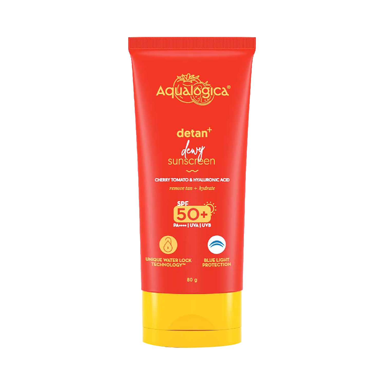 Aqualogica | Aqualogica Detan+ Dewy Sunscreen SPF 50 PA++++ With Cherry Tomato & Hyaluronic Acid (80g)