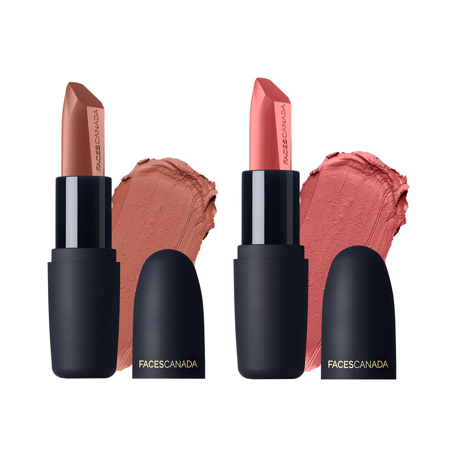 Faces Canada | Faces Canada Festive Glam Weightless Matte Lipstick Combo Pack - Buff Nude, Peach Candy (2pcs)