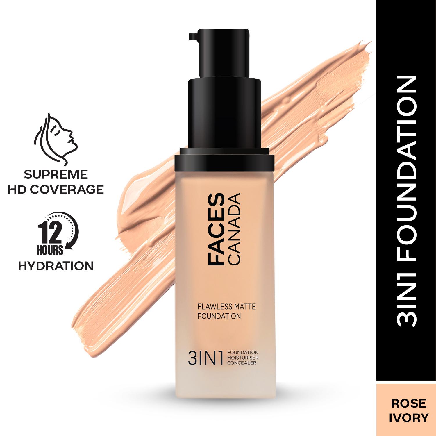 Faces Canada | Faces Canada Flawless Matte Foundation - Rose Ivory 011, 12 HR Hydration + SPF 18 (30 ml)