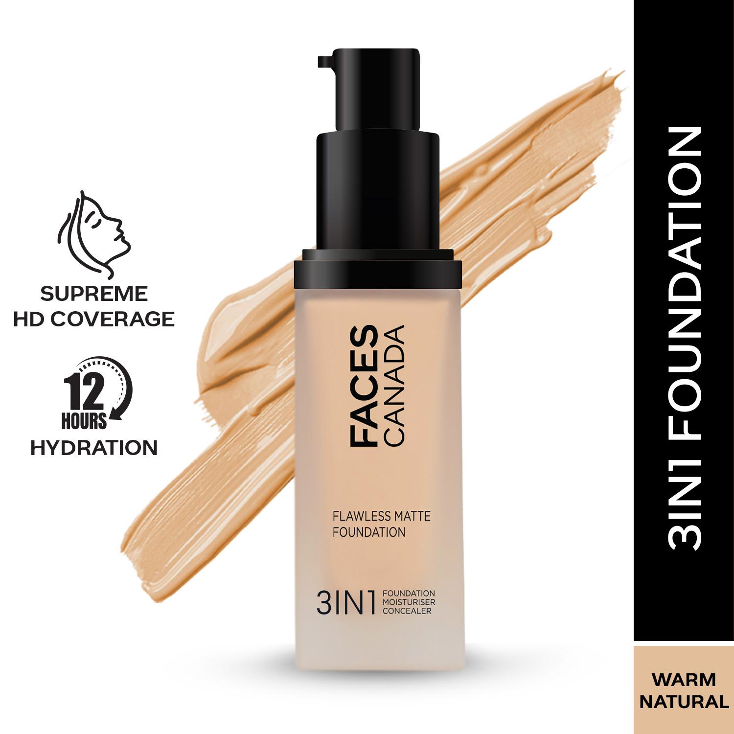 Faces Canada | Faces Canada Flawless Matte Foundation - Warm Natural 021, 12 HR Hydration + SPF 18 (30 ml)