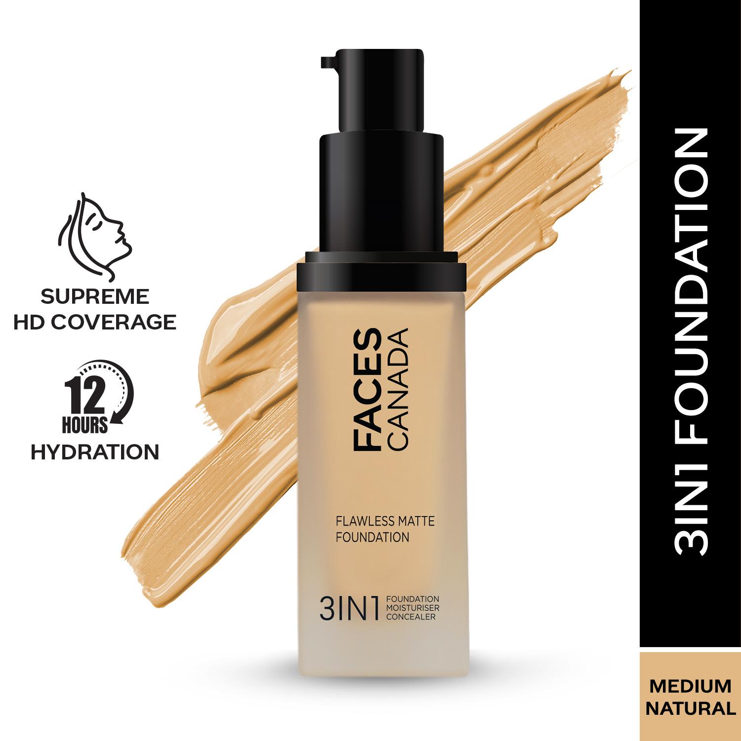 Faces Canada | Faces Canada Flawless Matte Foundation - Medium Natural 022, 12 HR Hydration + SPF 18 (30 ml)