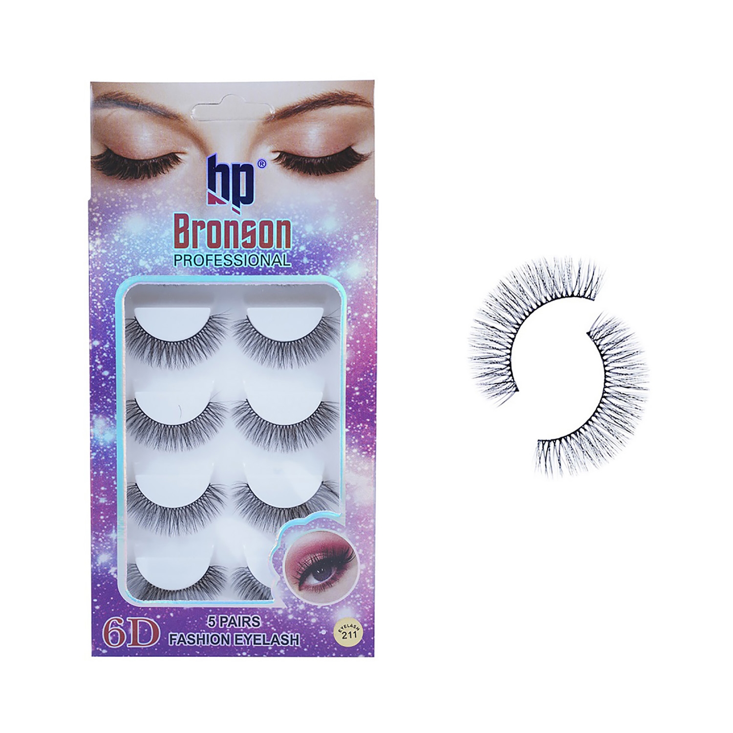Bronson Professional Pair 6D Long & Natural False Eyelashes - 211 - Black (5 Pairs)