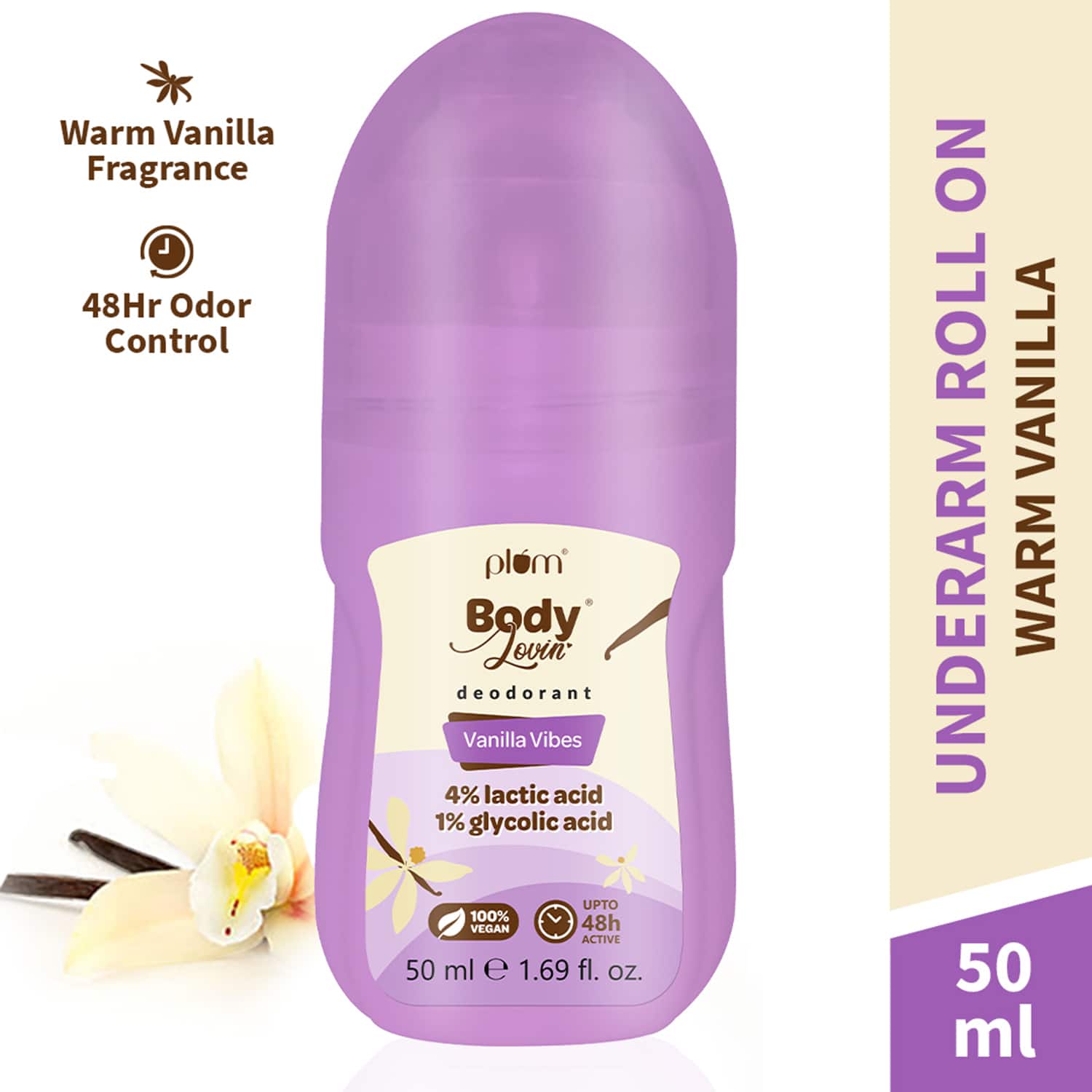 Plum | Plum BodyLovin' Vanilla Vibes Deodorant Deodorant Roll-On Lactic Acid & Green Tea Extract (50ml)