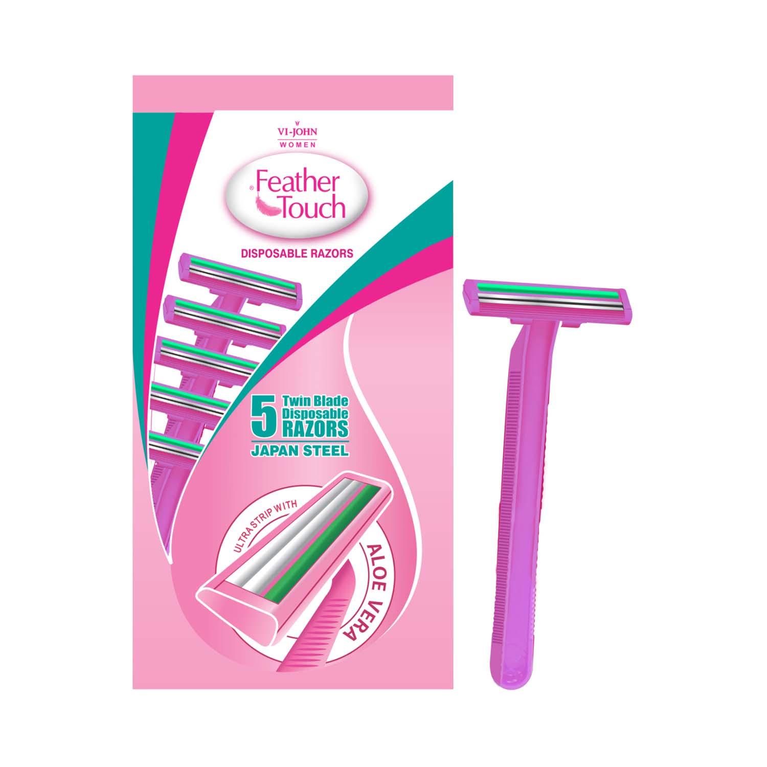 VI-JOHN | VI-JOHN Feather Touch Twin Blade Shaving Razors with Lubricating Aloe Vera Strip - Pink (5Pcs)