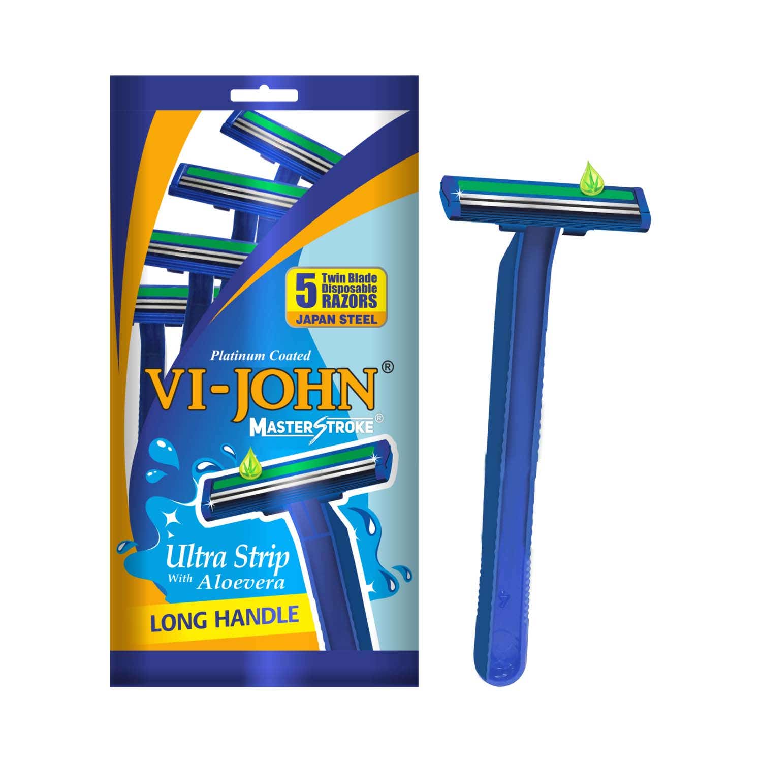 VI-JOHN | VI-JOHN Master Stroke Ultra Strip Twin Blade Disposable Razor with Aloe Vera For Men - Blue (5Pcs)