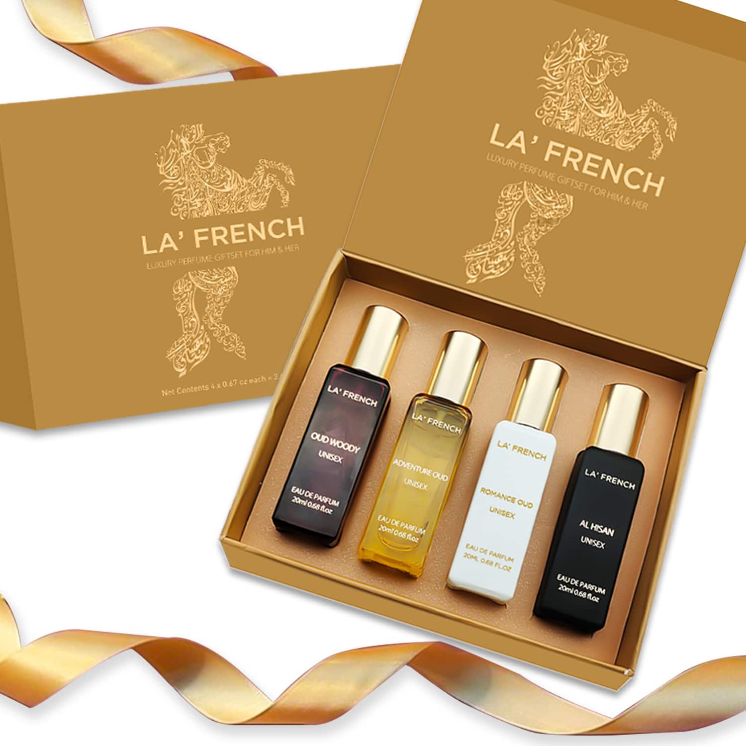 LA' French | LA' French Adventure Oud, Romance Oud, Al Hisan, Oud Woody Luxury Perfume Gift Set For Unisex (4Pcs)