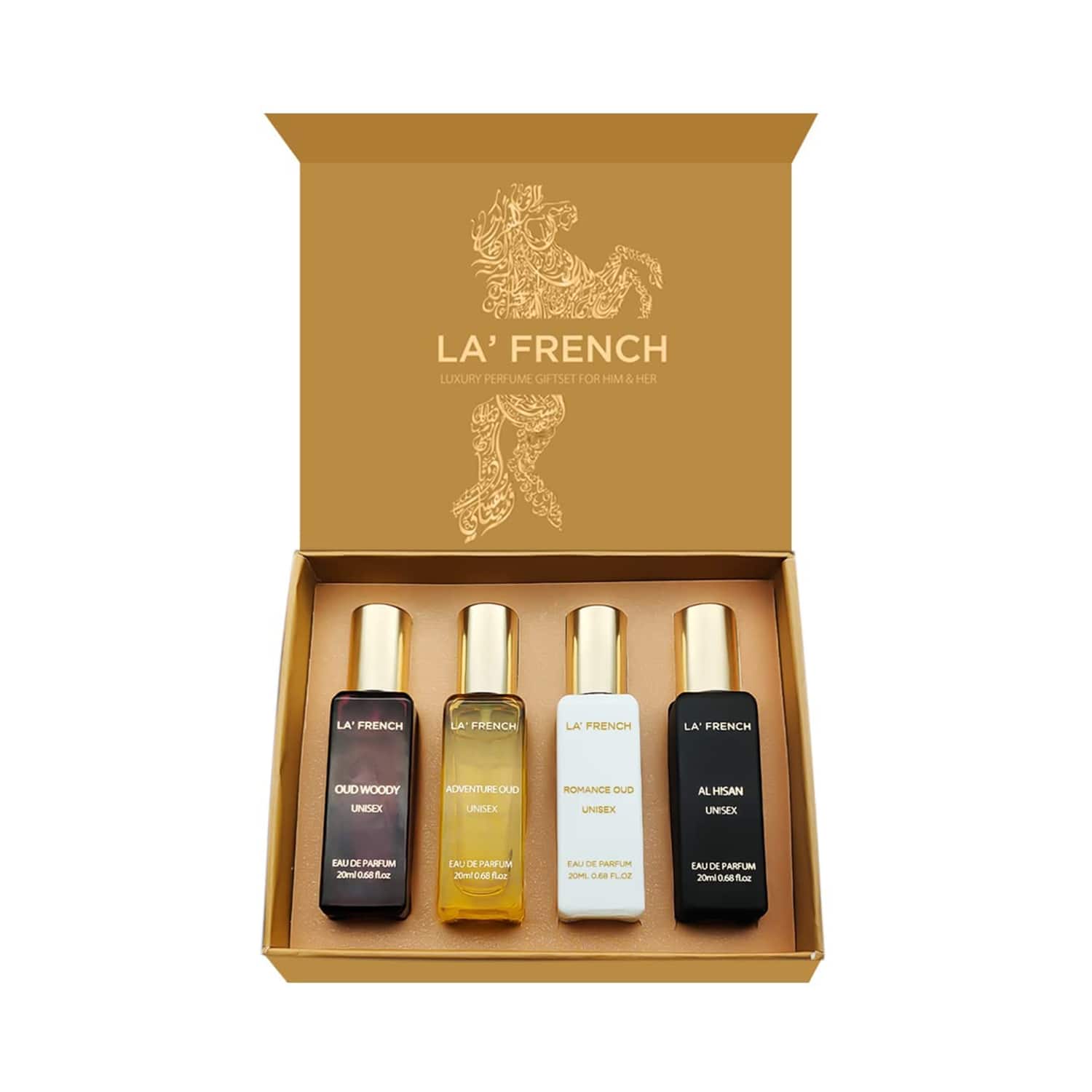 LA' French | LA' French Adventure Oud, Romance Oud, Al Hisan, Oud Woody Luxury Perfume Gift Set For Unisex (4Pcs)