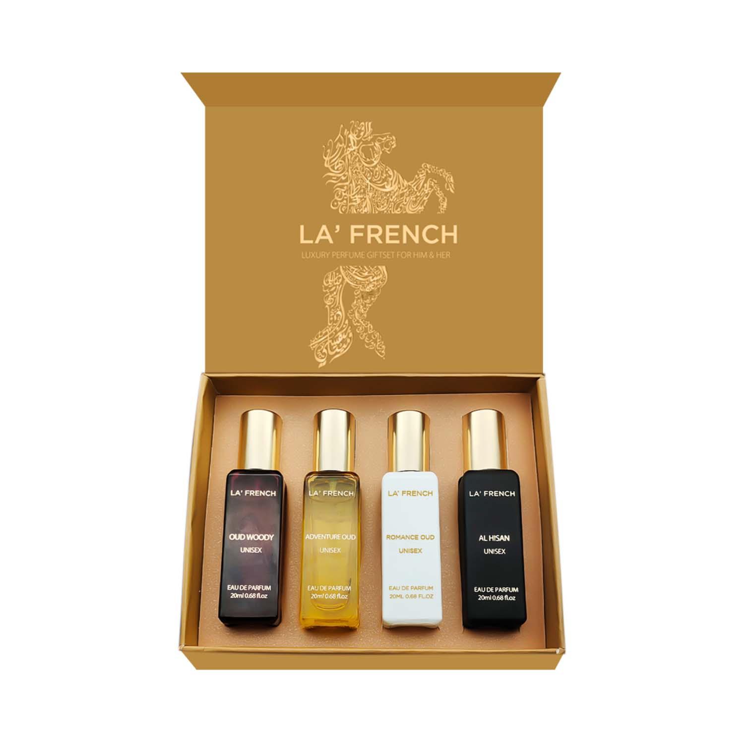 LA' French | LA' French Adventure Oud, Romance Oud, Al Hisan, Oud Woody Luxury Perfume Gift Set For Unisex (4Pcs)