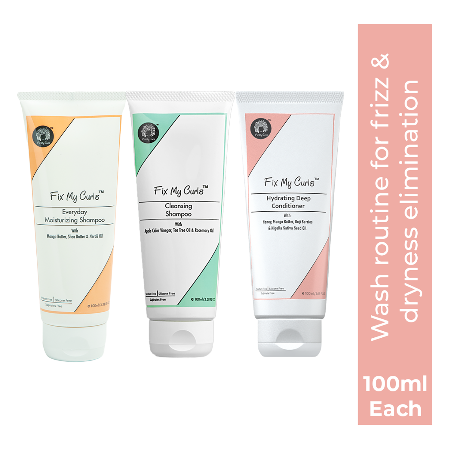 Fix My Curls | Fix My Curls Wash Day 3 Step Pack has Cleansing & Moisturizing Shampoo & Hydrating Deep Conditioner (3 Pcs, 100 g Each)