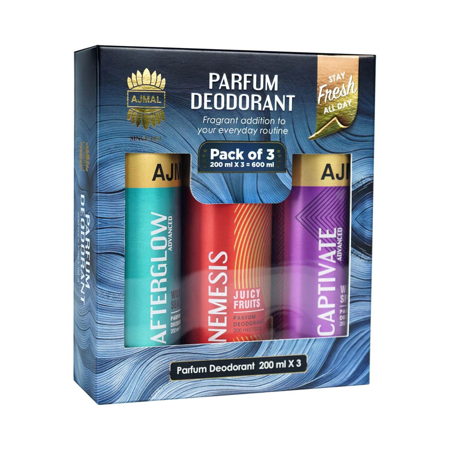 Ajmal | Ajmal Afterglow, Captivate Advanced & Nemesis Deodorant Spray For Unisex Set - (3 Pcs)