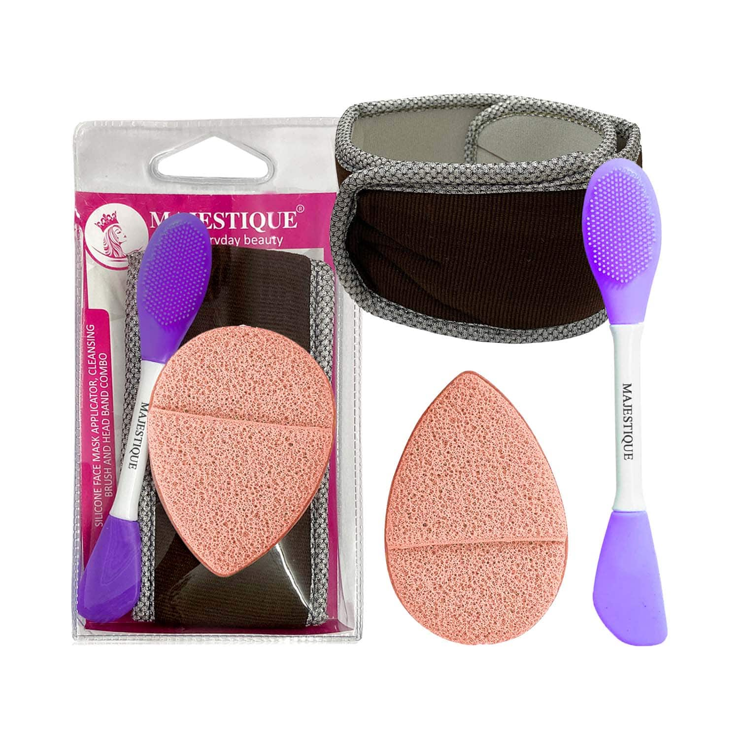 Majestique | Majestique Facial Head Band Dual Sided Silicone Brush with Makeup Remover Sponge (3 pcs)