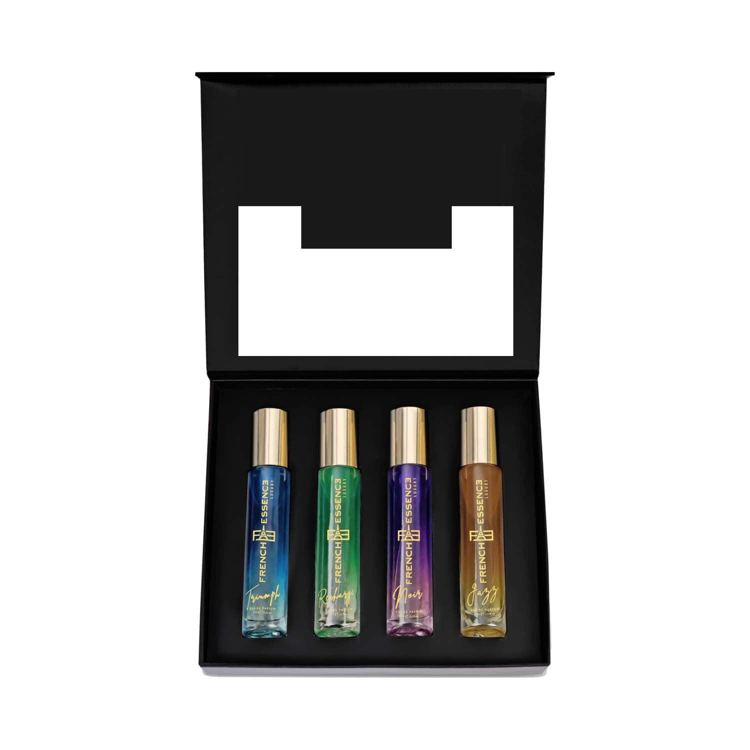 FRENCH ESSENCE | FRENCH ESSENCE Premium Black (Triumph, Recharge, Noir & Jazz) Luxury Perfume Gift Set For Men (4 pcs)
