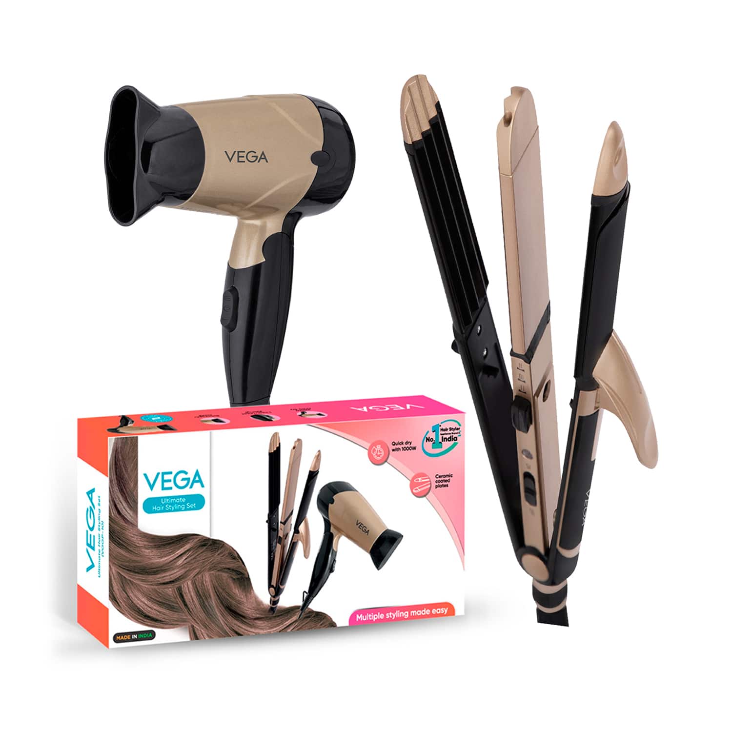 Vega | Vega Hair Dryer and Straightener Combo: 3 in 1 Hair Styler & Hair Dryer for Women (VGGP-10) (123 g)