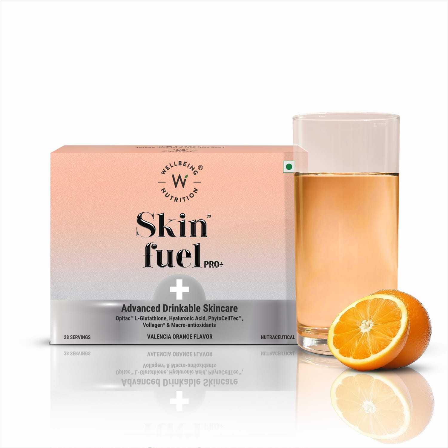 Wellbeing Nutrition | Wellbeing Nutrition Skin Fuel Pro+ Glutathione, Vit C & E, Anti-aging Valencia Orange - 28 Servings