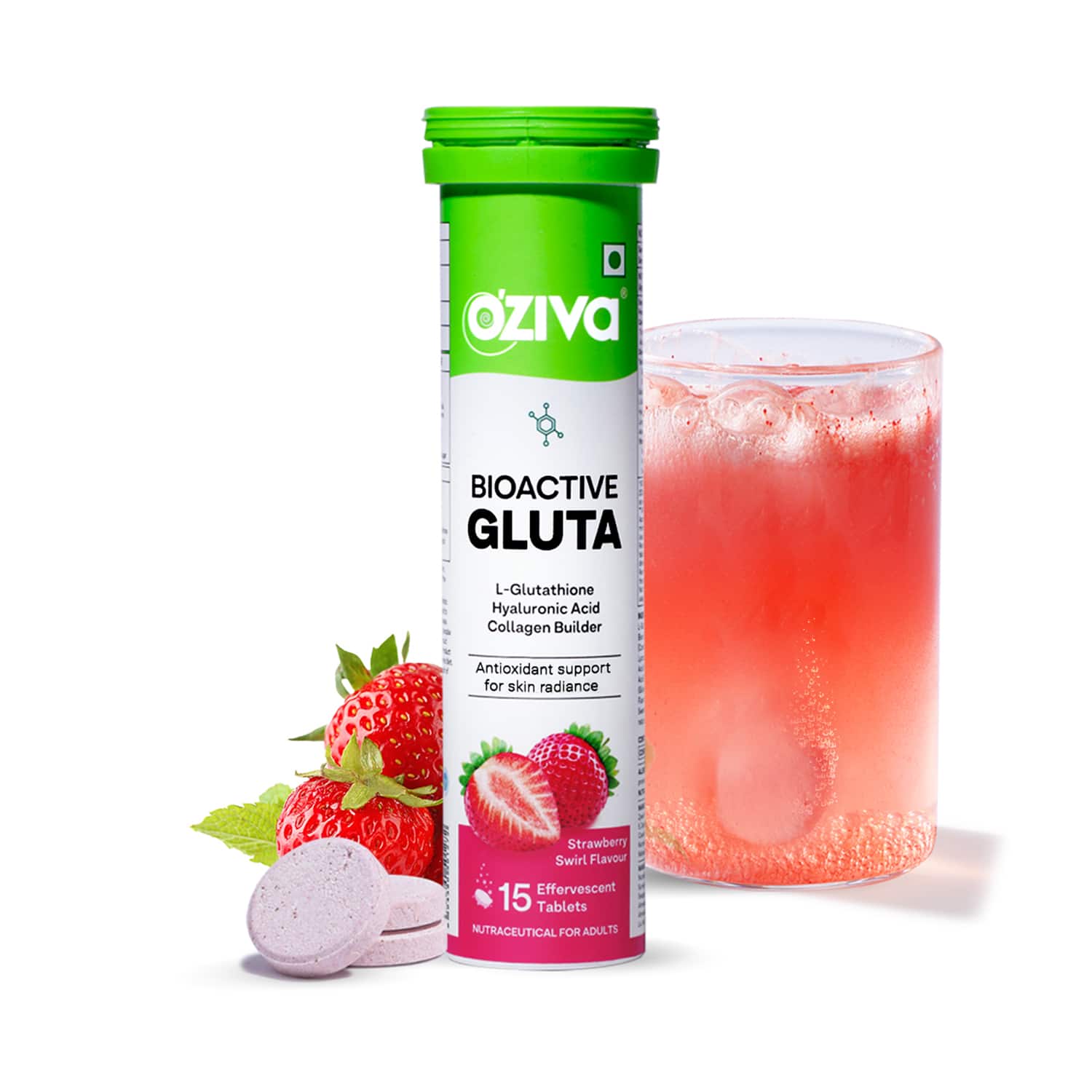 Oziva | Oziva Bioactive Gluta Fizzy Tablets for Skin Radiance - Strawberry Swirl - (15 Tablets)