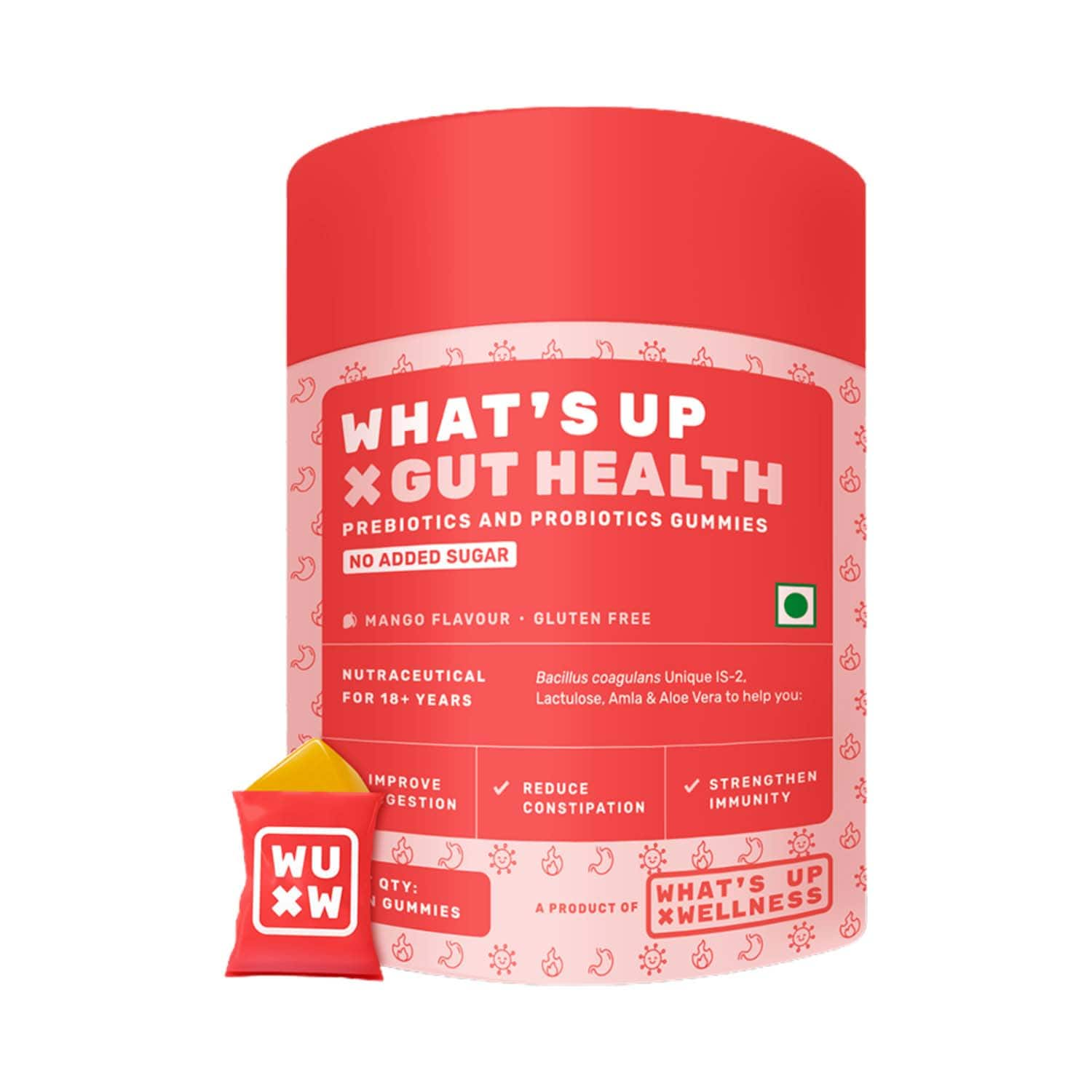 What's Up Wellness | What's Up Wellness Gut Health Gummies Pre & Pro Biotic Patented Strain No Added Sugar (30 Days Pack)