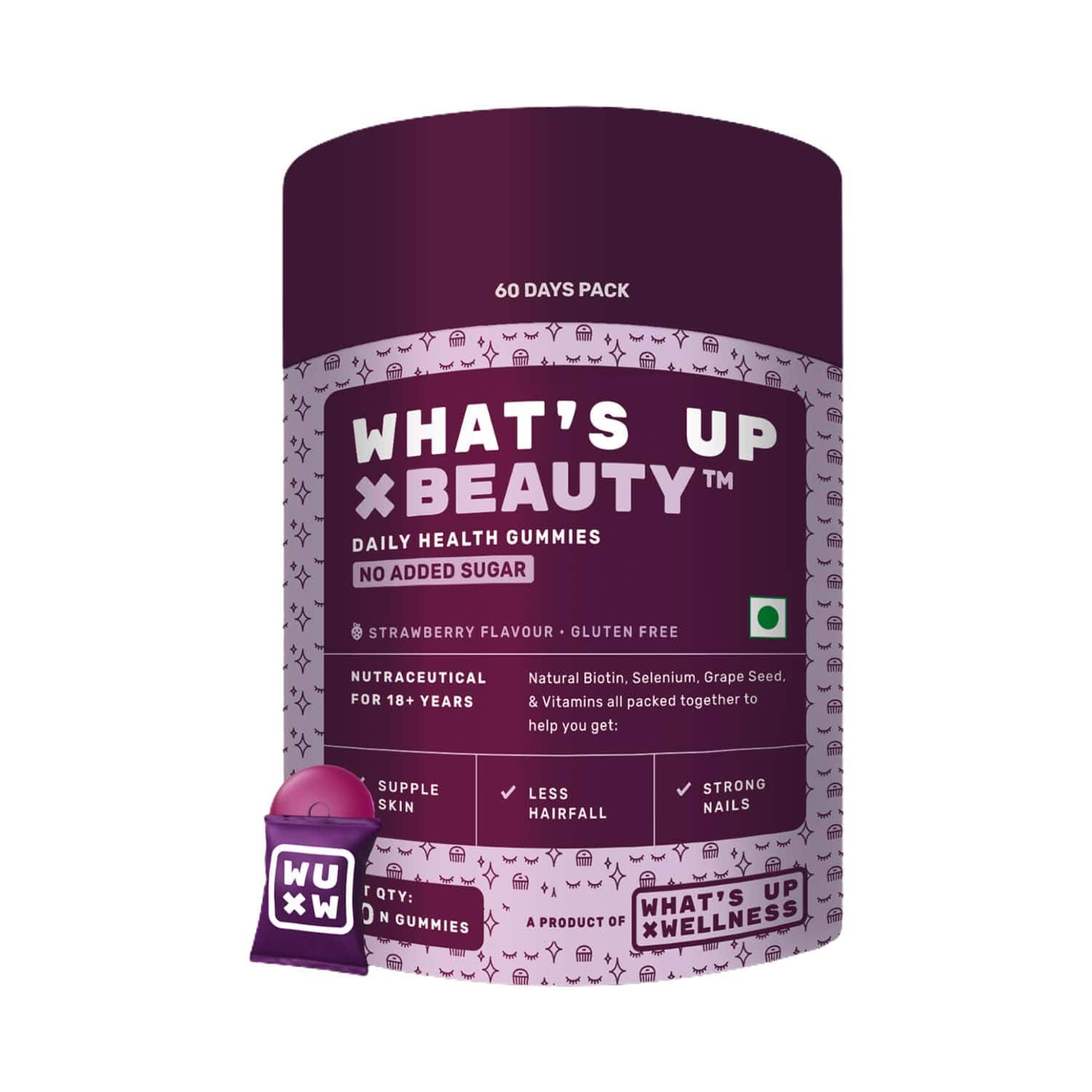 What's Up Wellness | What's Up Wellness Beauty for Healthy Hair Skin & Nails No Added Sugar Gummies (60 Days Pack)