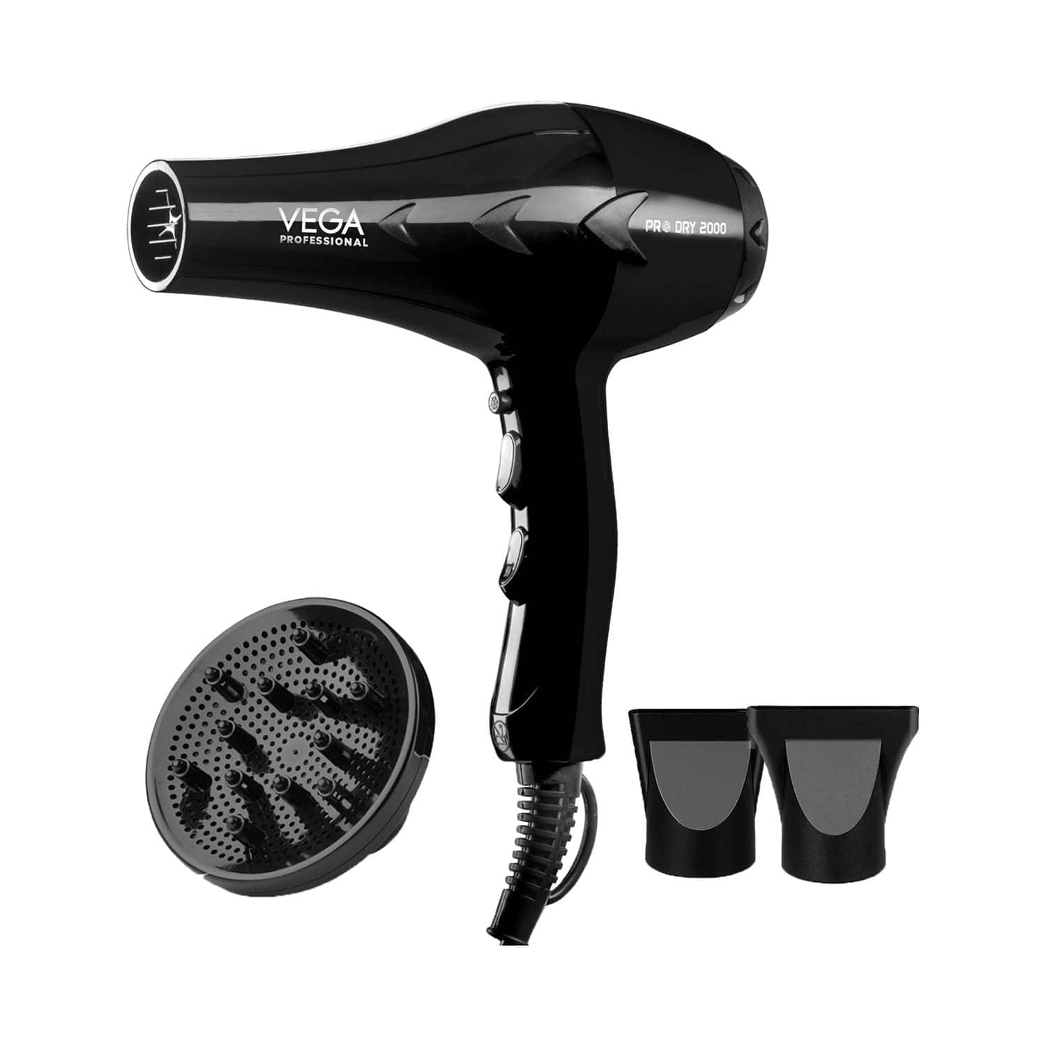 VEGA Professional | VEGA Professional Pro Dry 2000 Watts Hair Dryer with Diffuser & Nozzle Attachments (VPVHD-13)