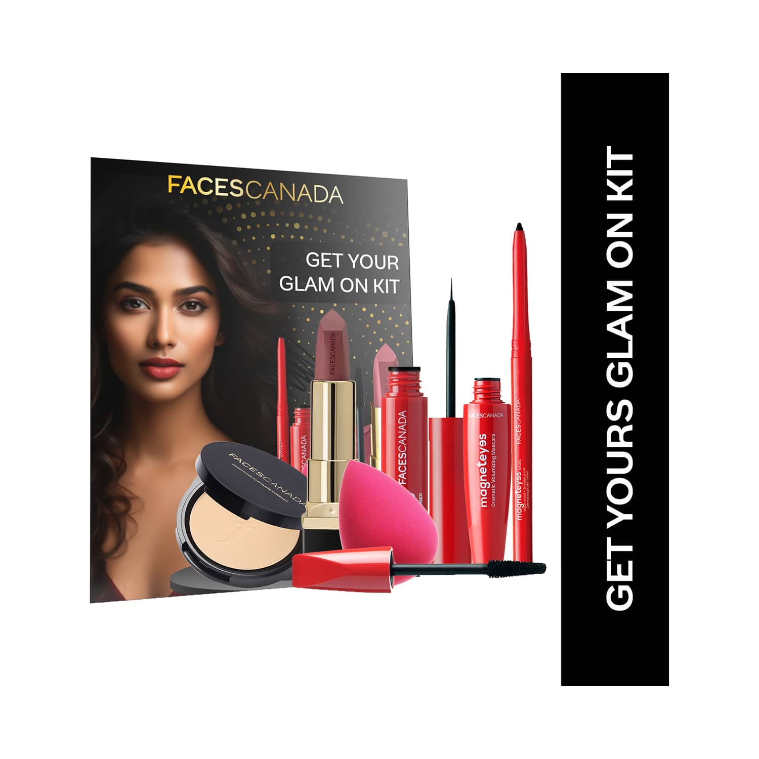 Faces Canada | Faces Canada Get Your Glam On Kit - Kajal Lipstick Compact Eyeliner Mascara Beauty Blender (6 pcs)