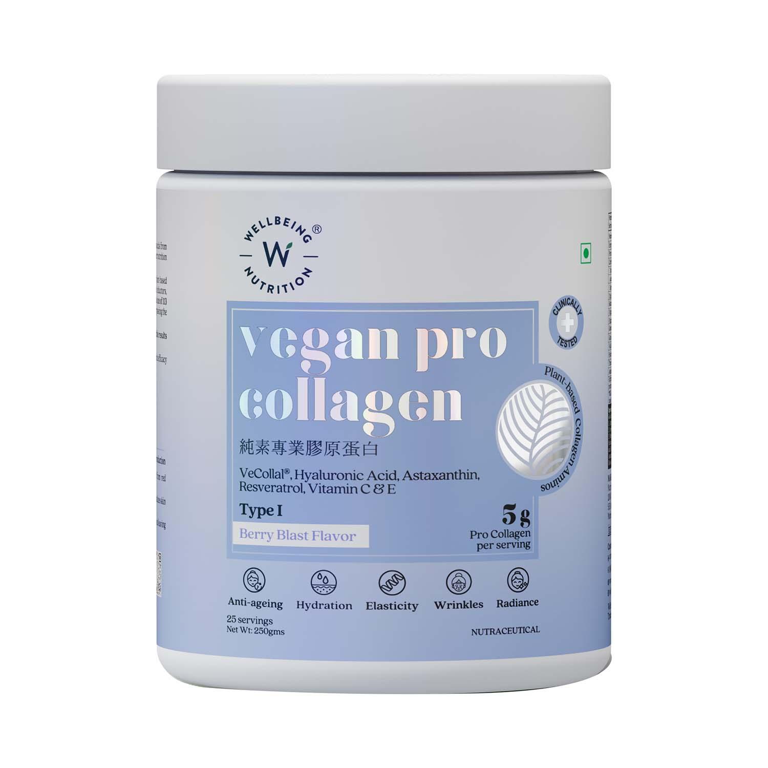 Wellbeing Nutrition | Wellbeing Nutrition Plant Based Evens Skin Tone, Skin Firmness Vegan Pro Collagen Berry Blast (250 g)