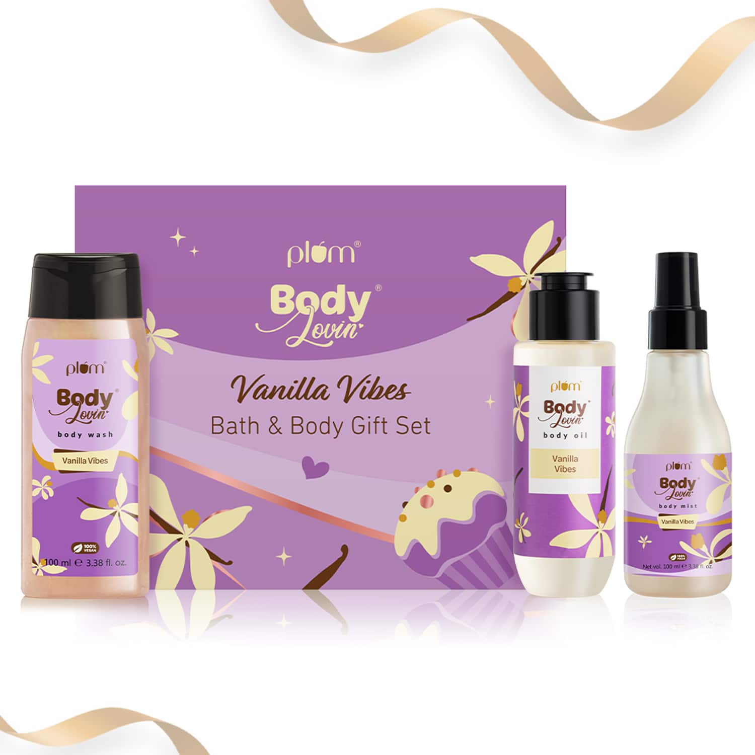 Plum | Plum BodyLovin' Vanilla Vibes Bath & Body Gift Set with Body Wash, Body Mist & Body Oil (300 ml)