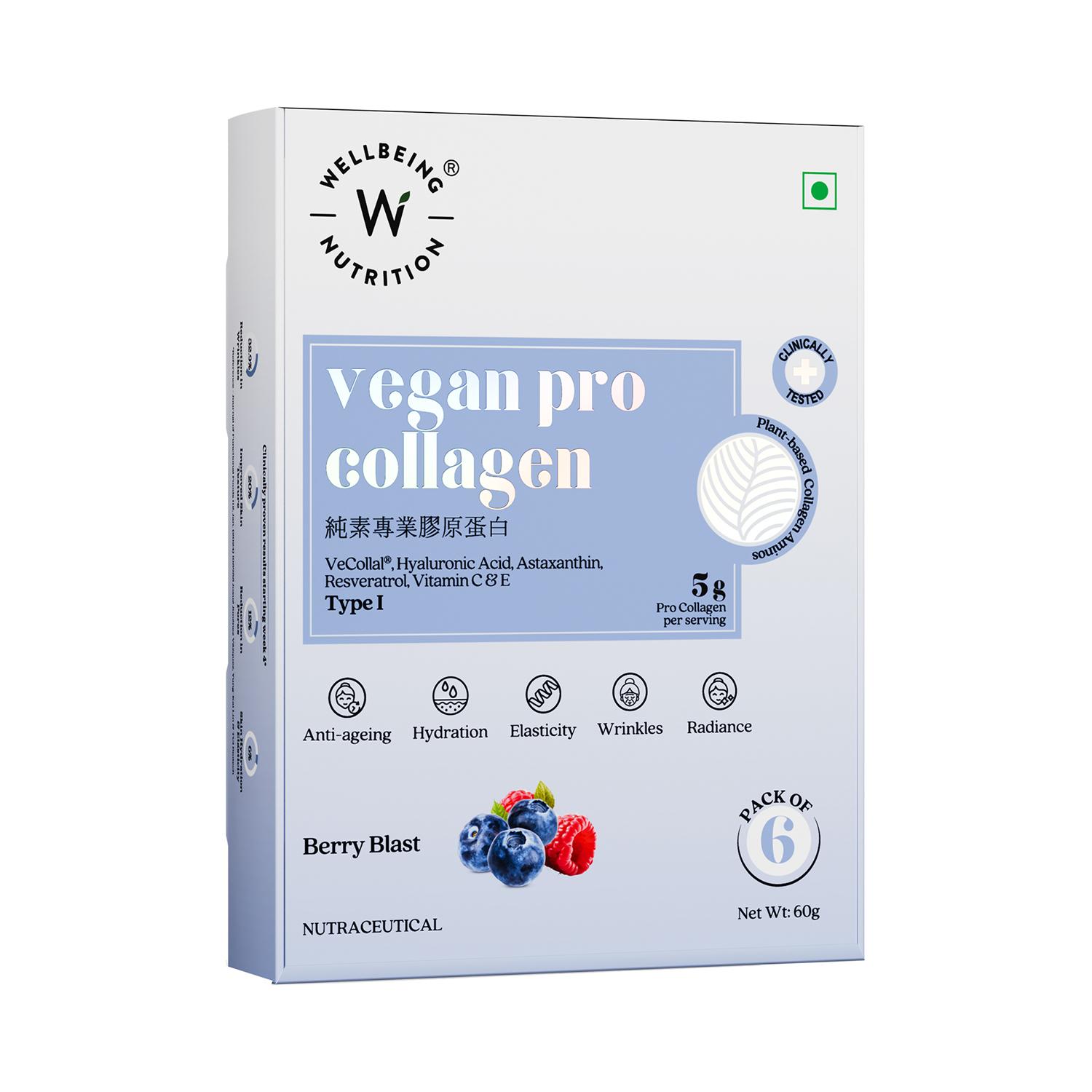 Wellbeing Nutrition | Wellbeing Nutrition Vegan Pro Collagen, Hyaluronic acid, Astaxanthin, Resveratrol - Berry Blast 6 Sachets