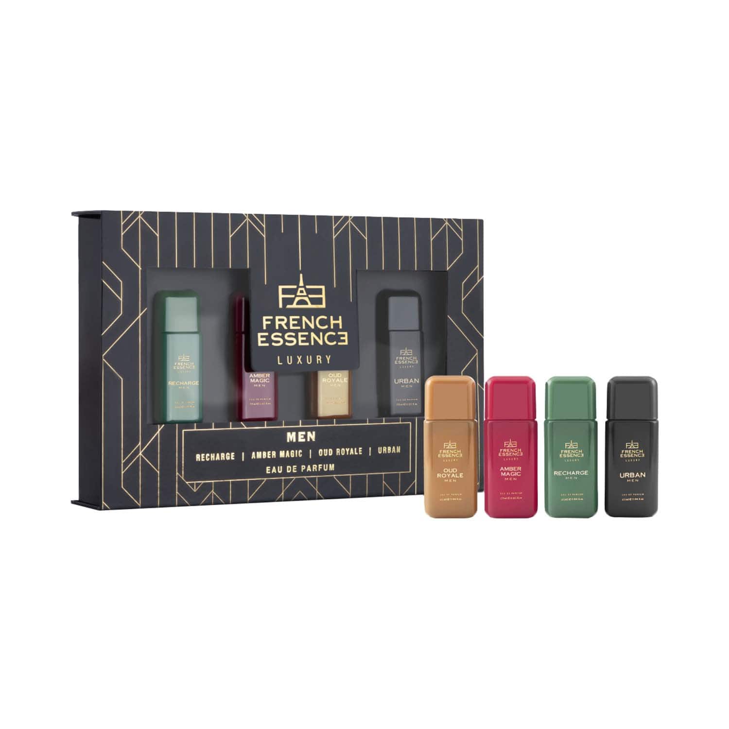FRENCH ESSENCE | FRENCH ESSENCE (Recharge, Amber Magic, Oud Royale & Urban) Luxury Perfume Gift Set For Men (4 pcs)
