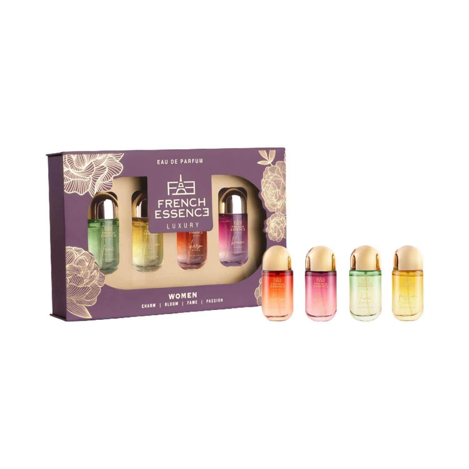 FRENCH ESSENCE | FRENCH ESSENCE Premium Purple (Charm, Bloom, Fame & Passion) Luxury Perfume Gift Set For Women (4 pcs)