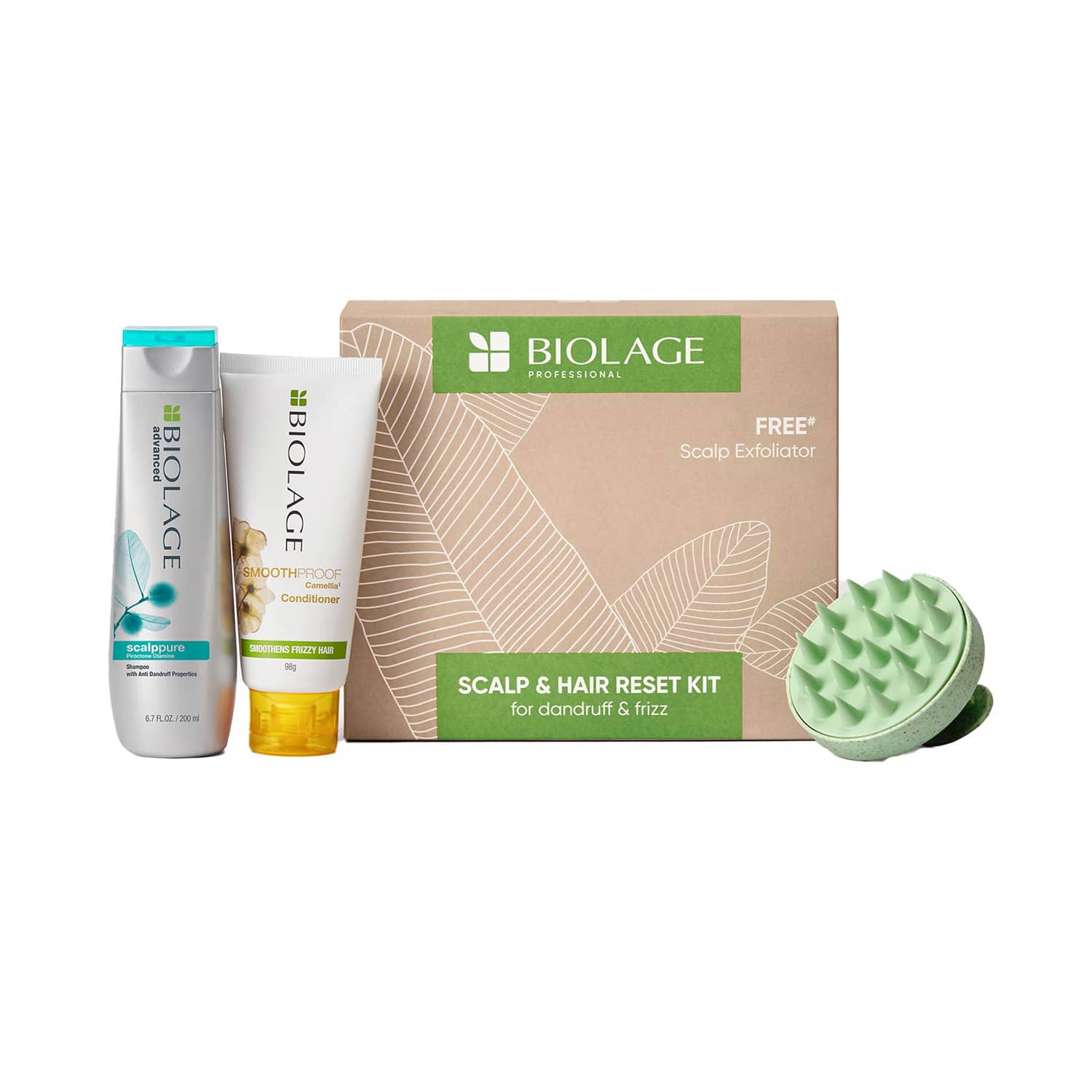 Biolage | Biolage Scalp & Hair Reset Kit-Anti-Dandruff Shampoo, Anti-Frizz Conditioner & Scalp Massager(3 pcs)