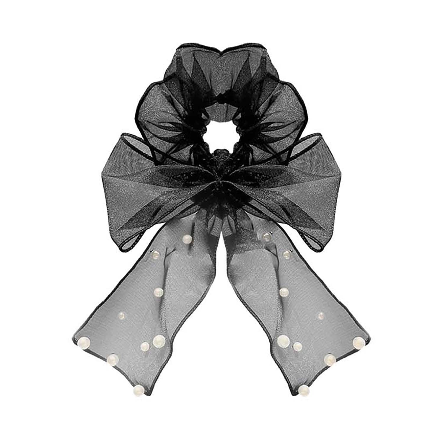Majestique | Majestique Pearl Bow Scrunchies Net Ponytail Holder Rubber Band Hair Accessories Best Gift
