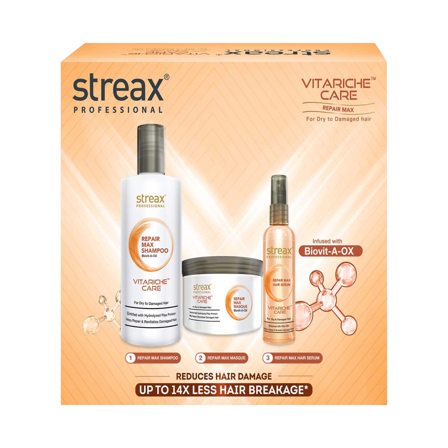 Streax Professional | Streax Professional Vitariche Repair Max Post Care Shampoo + Masque + Serum Combo Kit (3 pcs)