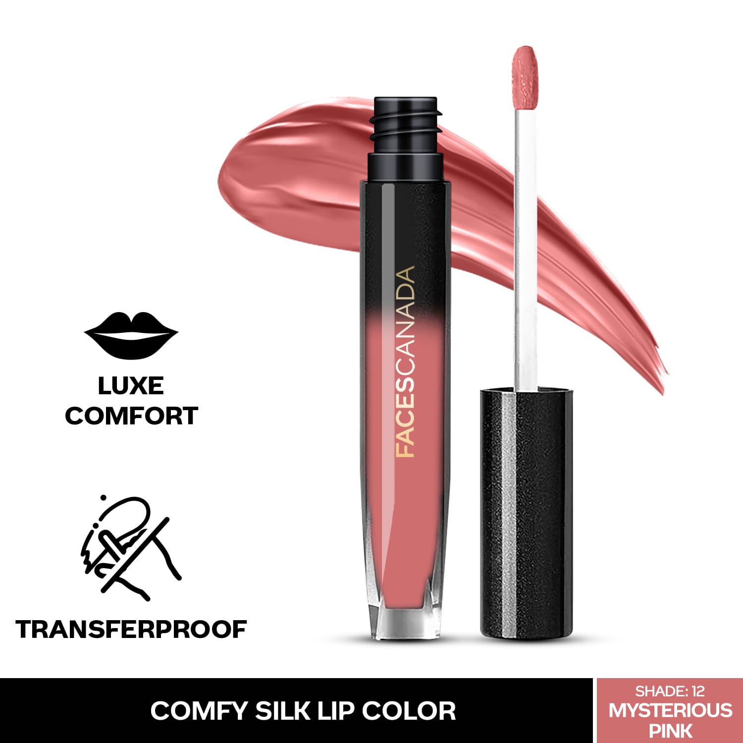 Faces Canada | Faces Canada Comfy Silk Liquid Lipstick - Mysterious Pink 12, Satin Matte HD Finish (3 ml)