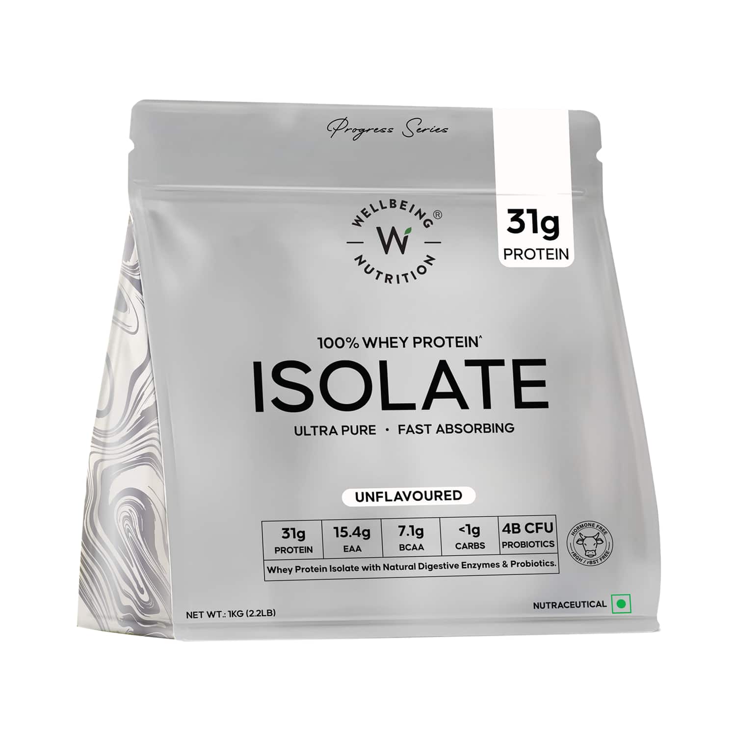 Wellbeing Nutrition | Wellbeing Nutrition Whey Protein Isolate 31g Protein 4B CFU Probiotics Unflavored (1 kg)