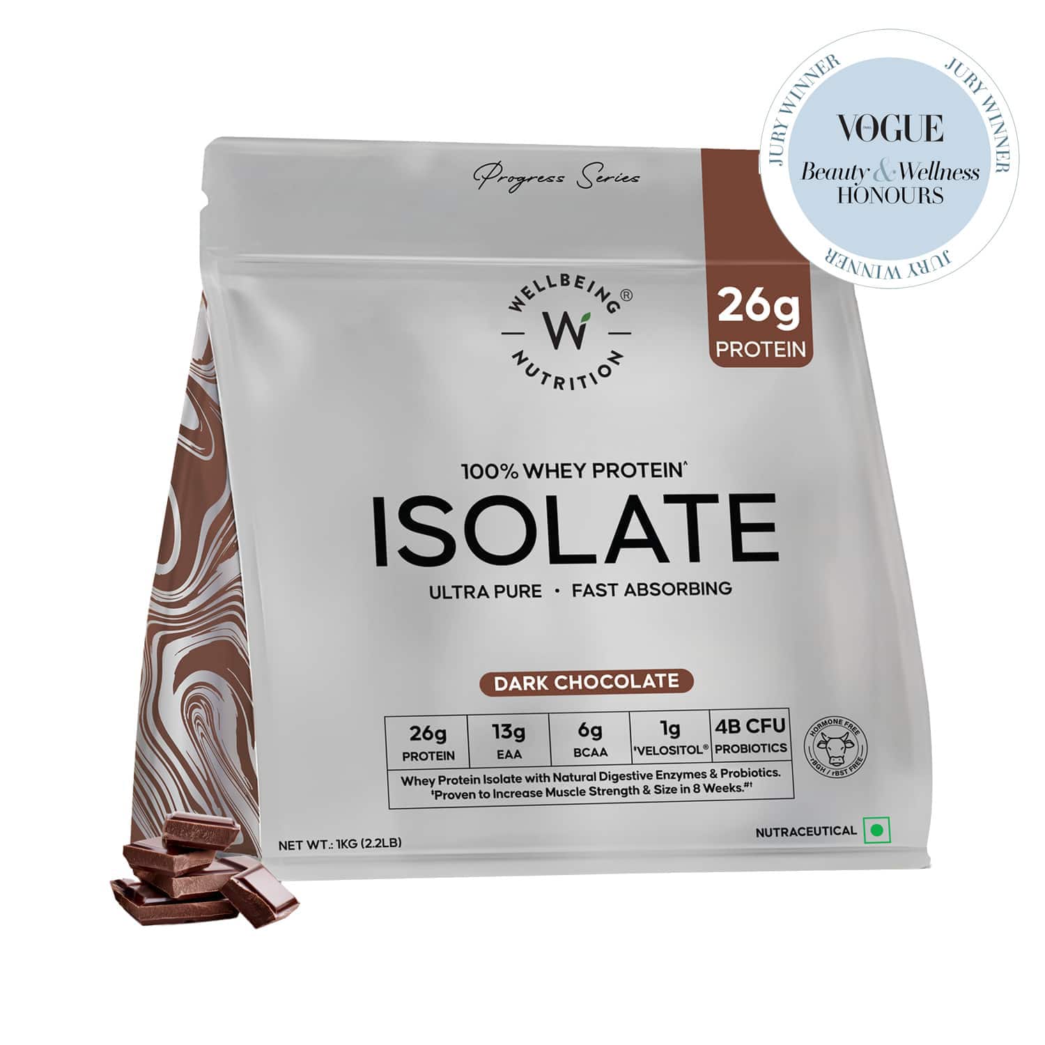 Wellbeing Nutrition | Wellbeing Nutrition Whey Protein Isolate 26g Protein 4B CFU Probiotics Dark Chocolate (1 kg)