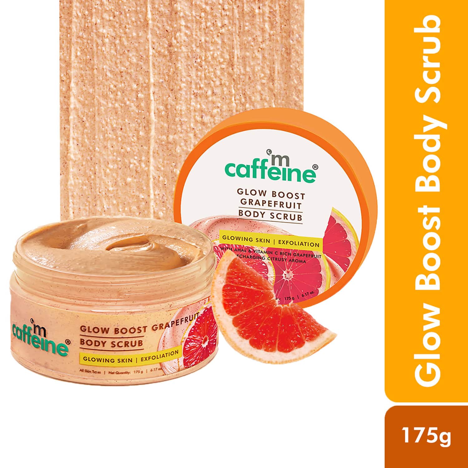 mCaffeine | mCaffeine Glow Boost Grapefruit Body Scrub, Tan Removal,AHAs Lactic & Glycolic Acid, Vit C Rich (175 g)