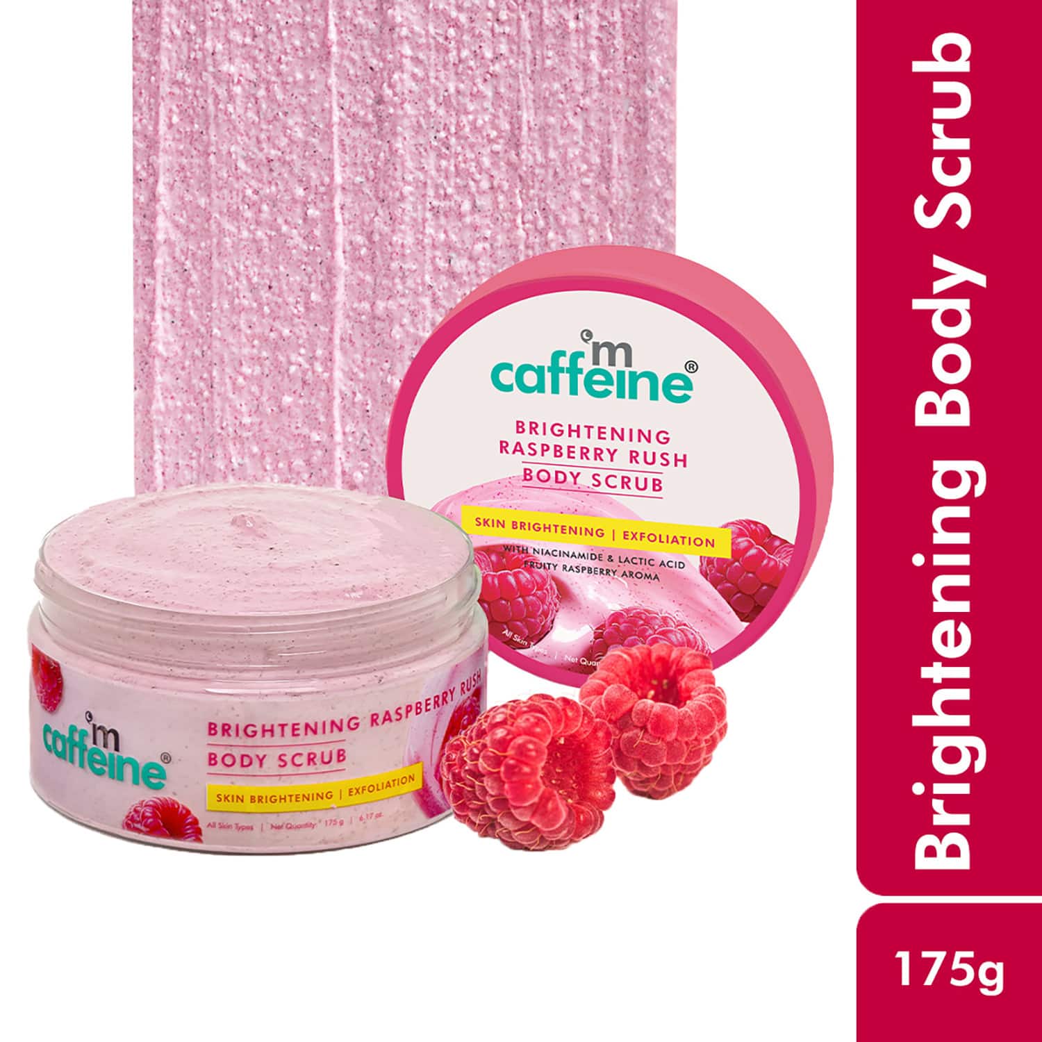 mCaffeine | mCaffeine Brightening Raspberry Body Scrub, Tan Removal,AHAs-Lactic & Glycolic Acid,Vit C Rich (175 g)