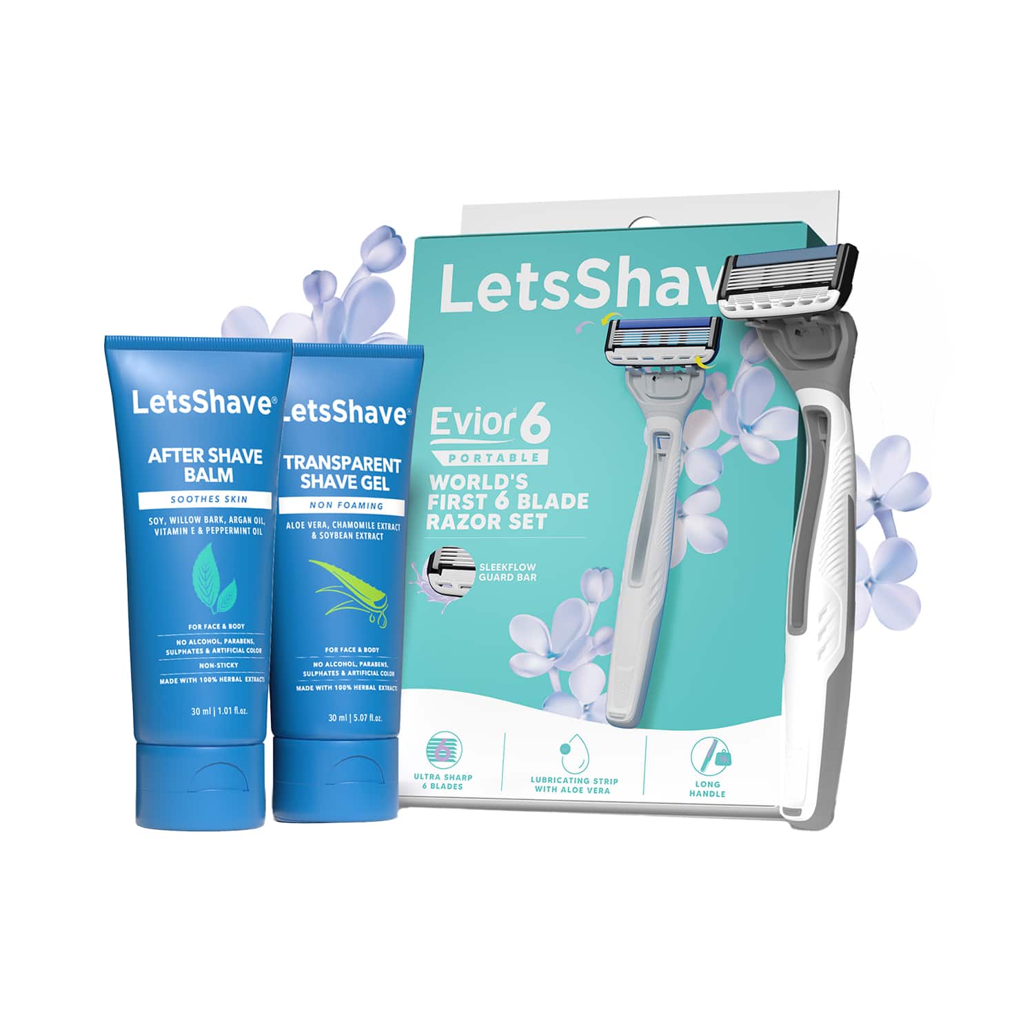 LetsShave | LetsShave Evior 6 Portable Shaving Kit Razor After Shave Balm & Transparent Gel for Women (3 pcs)