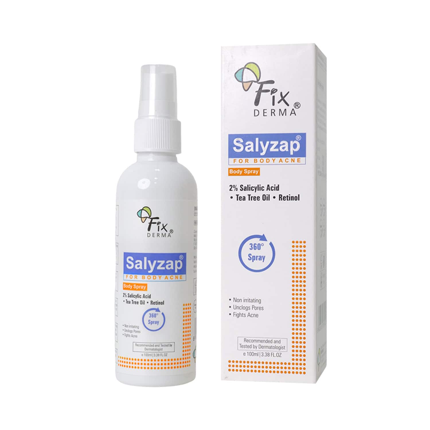 Fixderma | Fixderma Salyzap 2% Salicylic Acid Body Acne Spray For Acne on Back, Shoulders, Neck, Chest (100 ml)