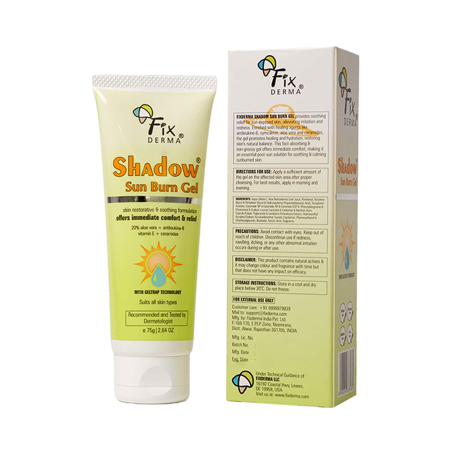 Fixderma | Fixderma Shadow Sun Burn Gel with 20% Aloe Vera Gel & Vitamin E Sunburn Cream for Face (75 g)