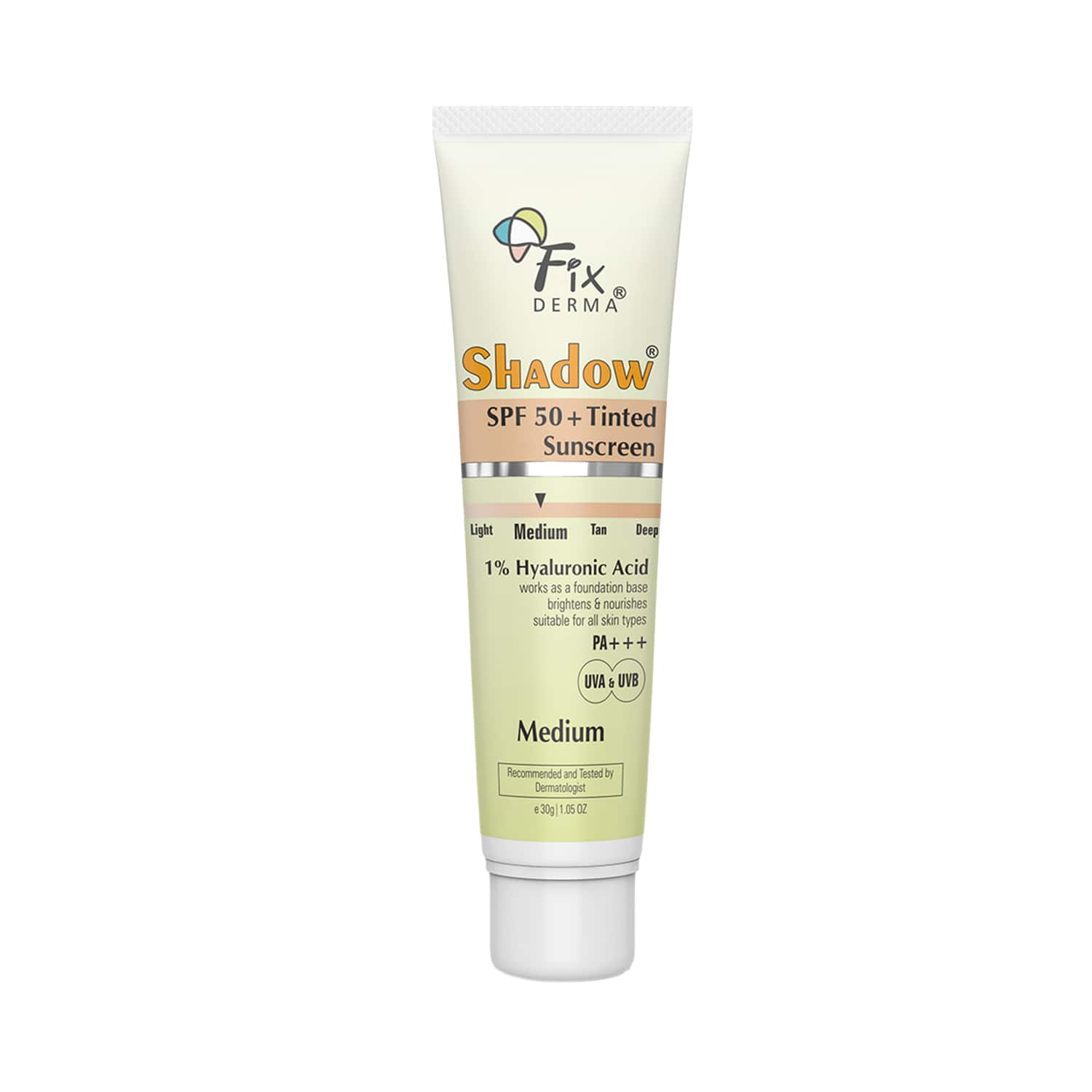 Fixderma | Fixderma Shadow Tinted Sunscreen Medium SPF 50 PA+++ - UVA & UVB Protection, All Skin Types (30 g)
