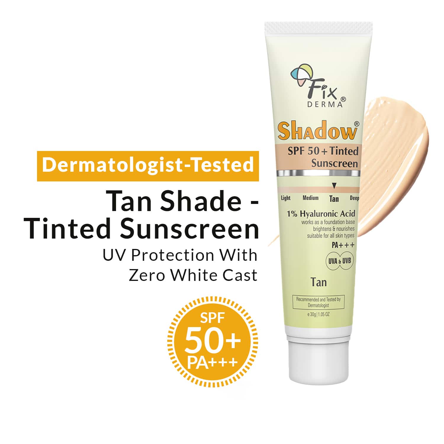 Fixderma | Fixderma Shadow Tinted Sunscreen Tan SPF 50 PA+++ - UVA & UVB Protection, All Skin Types (30 g)
