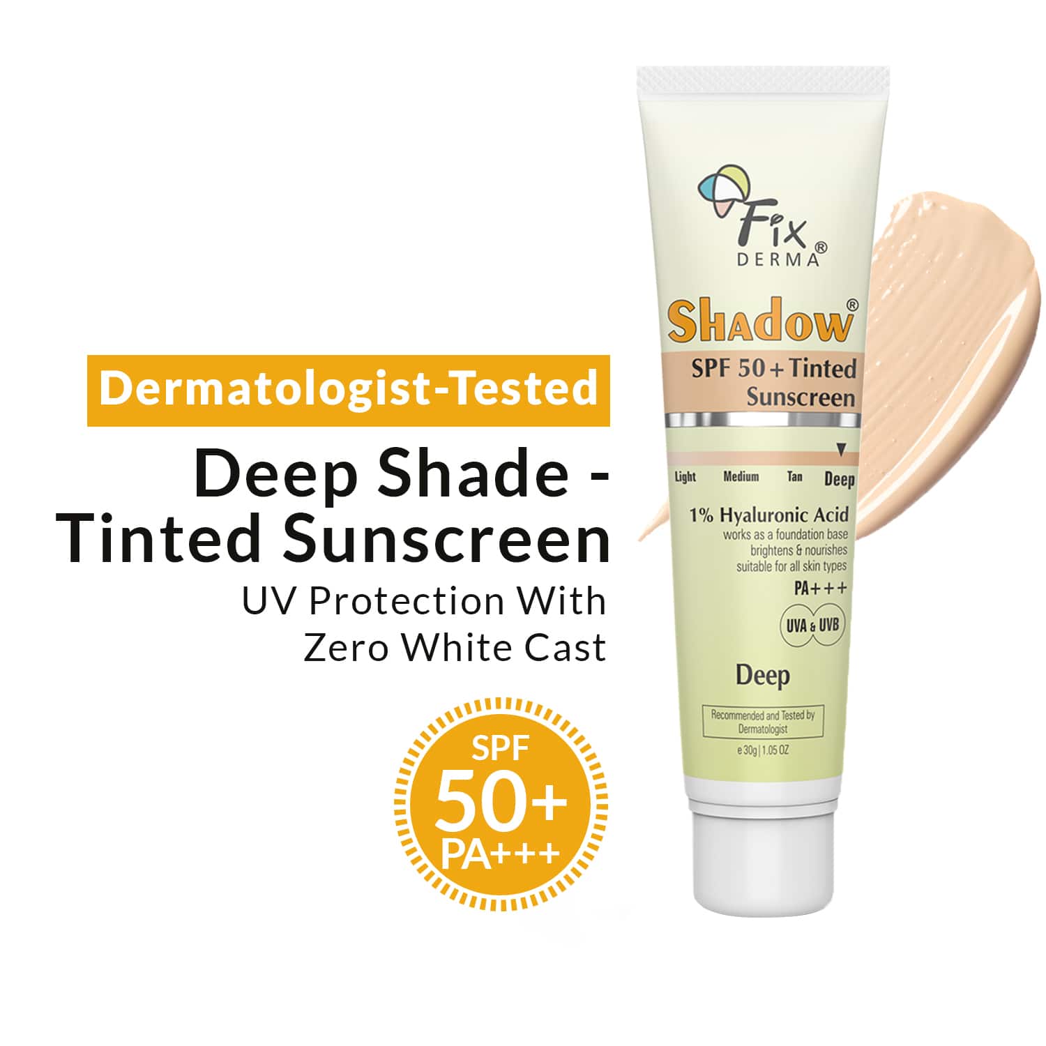 Fixderma | Fixderma Shadow Tinted Sunscreen Deep SPF 50 PA+++ - UVA & UVB Protection, All Skin Types (30 g)