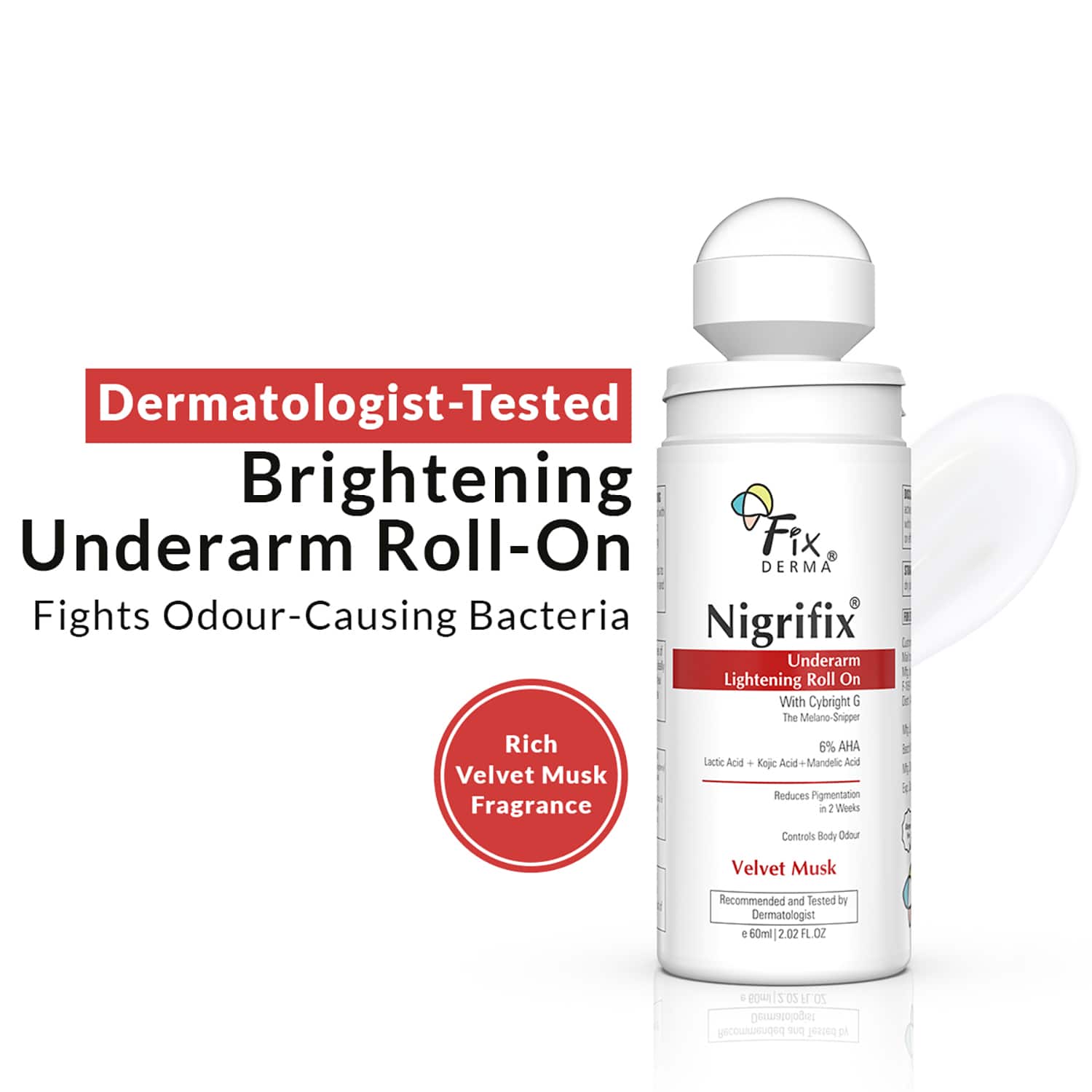 Fixderma | Fixderma Nigrifix Underarm Velvet Musk Roll on with 6% AHA, Lactic Acid & 1%Mandelic Acid (60ml)