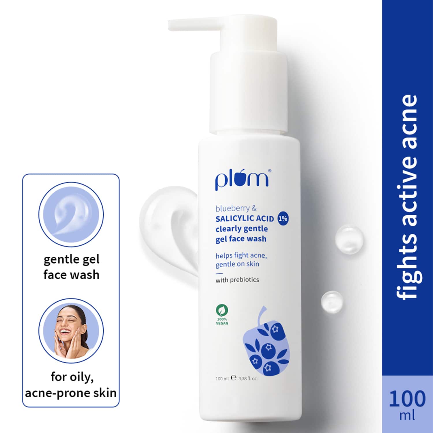 Plum | Plum 1% Salicylic Acid Gentle Non-drying Face Wash with Blueberr Helps fight active acne (100 ml)