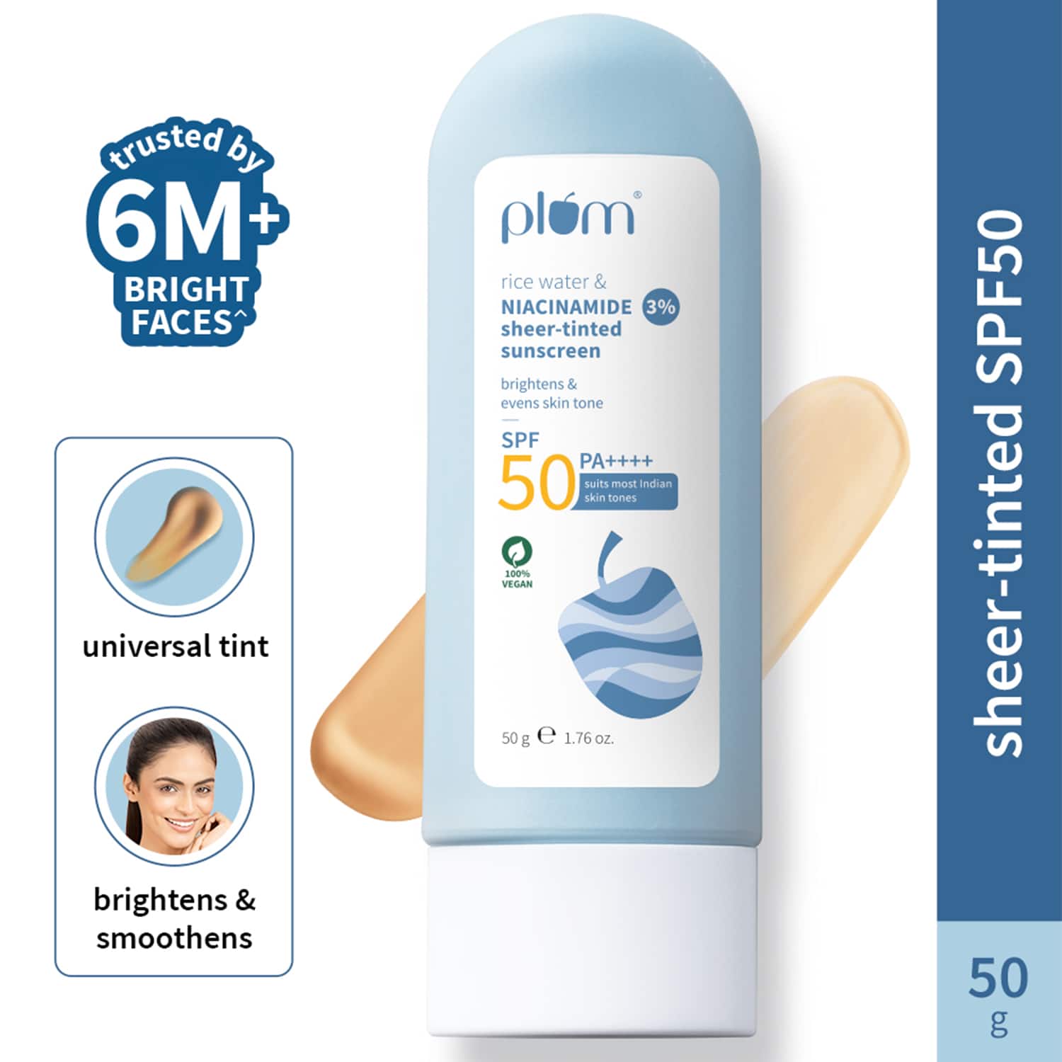 Plum | Plum Rice water & 3% Niacinamide sheer-tinted SPF 50 PA++++ sunscreen Universal Tint Non-Oily (50 g)