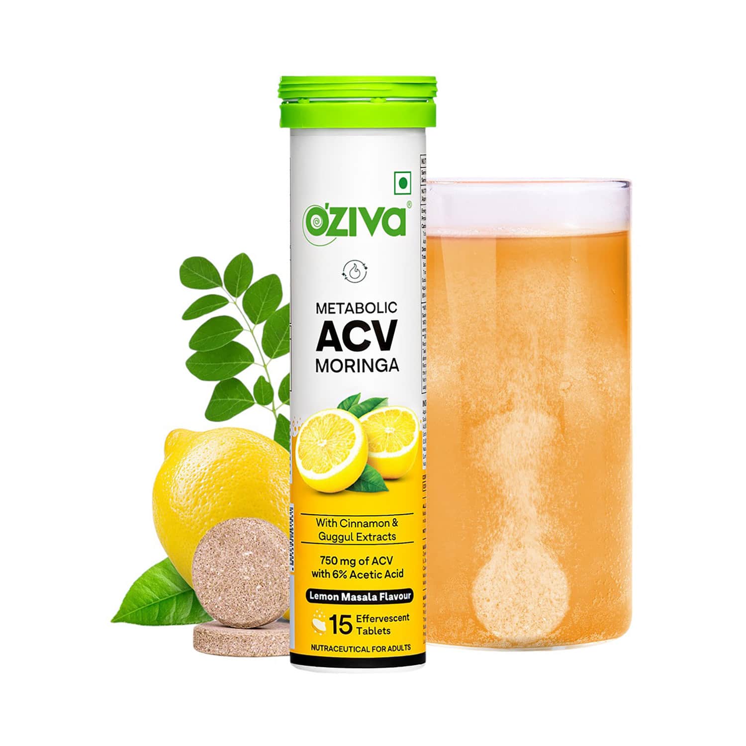 Oziva | Oziva ACV Moringa Weight Loss 3-In-1 Fat Oxidation Formula, Lemon Masala (15 Tablets)