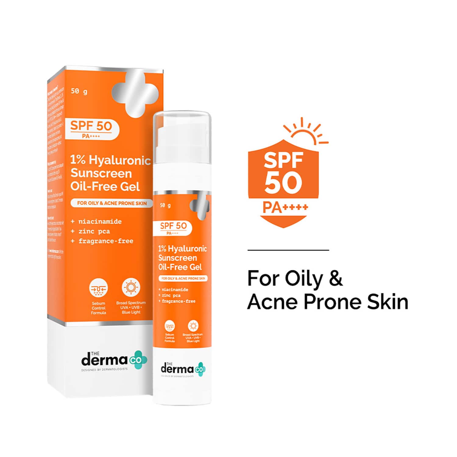 The Derma Co | The Derma Co 1% Hyaluronic Sunscreen Oil-Free Gel Lightweight Sunscreen Acne-Prone Skin (50 g)