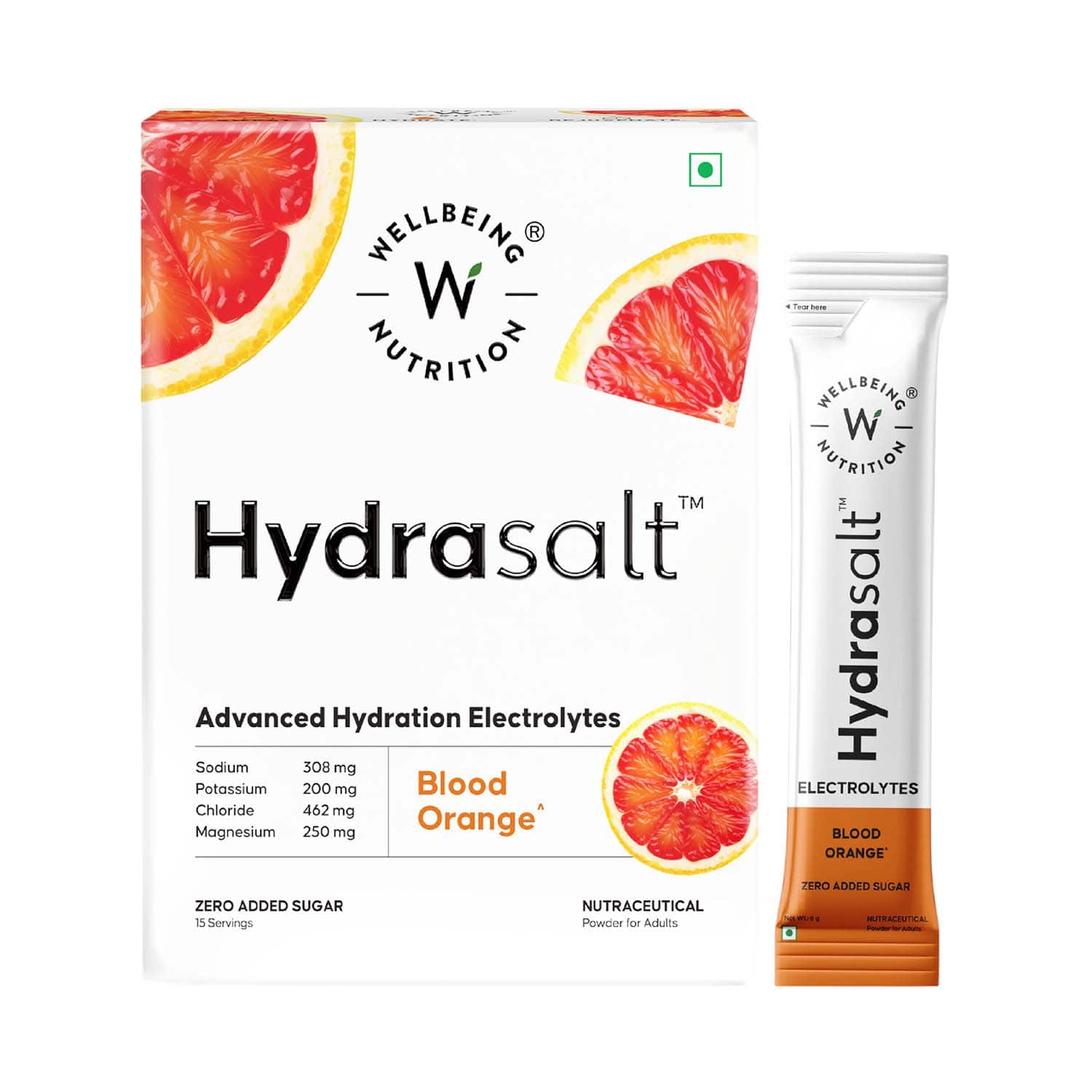 Wellbeing Nutrition | Wellbeing Nutrition HydraSalt Electrolyte Drink Blood Orange Flavor Pack of 15 (90 g)